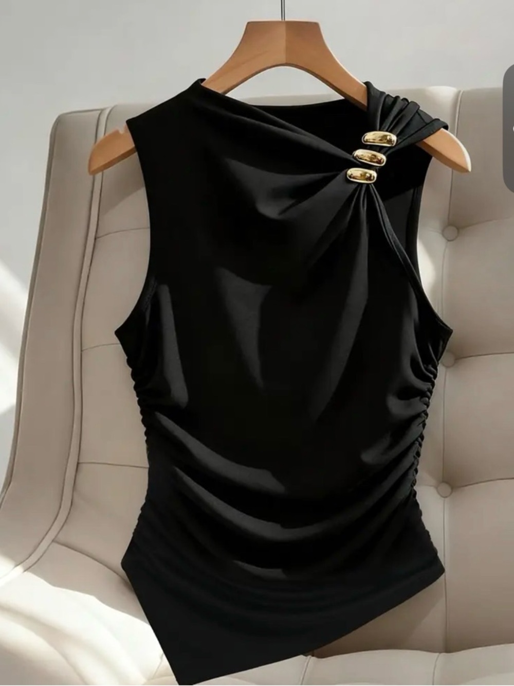 Black Sleeveless Draped Camisole with Gold Accent Detail